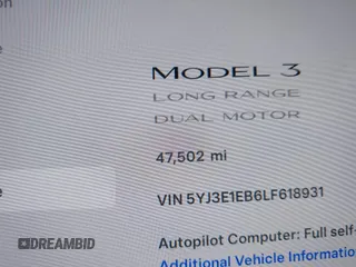 2020 Tesla Model 3 Long Range with VIN 5YJ3E1EB6LF618931, listed as a IAAI auction lot 41867451 with 47,502 mi miles and . Bid and sale history available at DreamBid. Image 15.