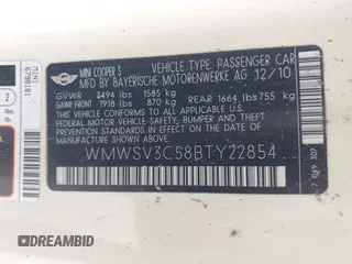 2011 MINI Hardtop S with VIN WMWSV3C58BTY22854, listed as a IAAI auction lot 42034126 with 98,931 mi miles and . Bid and sale history available at DreamBid. Image 9.