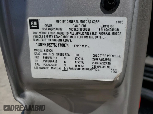 2006 Chevrolet Suburban LS with VIN 1GNFK16Z76J170074, listed as a Copart auction lot 61898635 with 284,436 mi miles and Salvage title. Bid and sale history available at DreamBid. Image 14.