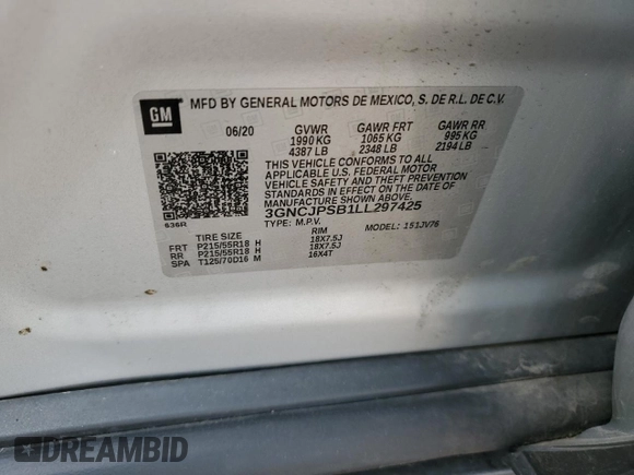 2020 Chevrolet Trax LT with VIN 3GNCJPSB1LL297425, listed as a Copart auction lot 58816265 with 41,617 mi miles and Salvage title. Bid and sale history available at DreamBid. Image 13.