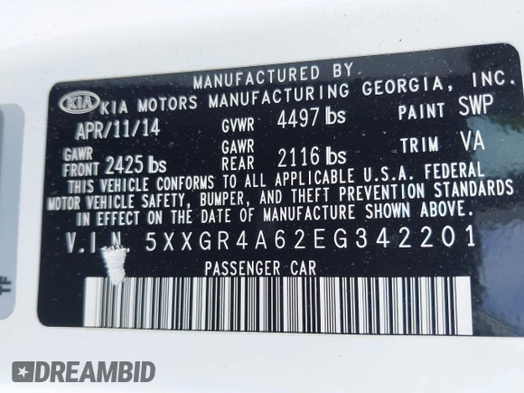 2014 Kia Optima SXL Turbo with VIN 5XXGR4A62EG342201, listed as a IAAI auction lot 42344058 with 108,358 mi miles and . Bid and sale history available at DreamBid. Image 9.