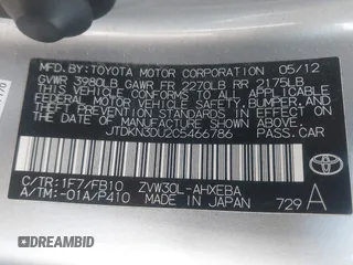 2012 Toyota Prius One with VIN JTDKN3DU2C5466786, listed as a IAAI auction lot 42090567 with 122,120 mi miles. Bid and sale history available at carsss.com. Image 9.