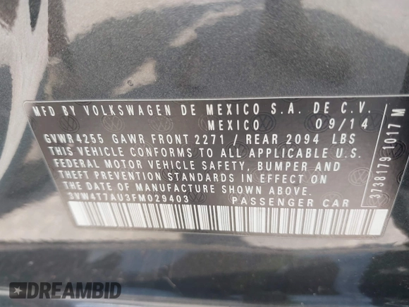 2015 Volkswagen GTI SE with VIN 3VW4T7AU3FM029403, listed as a IAAI auction lot 42226713 with 94,501 mi miles and . Bid and sale history available at DreamBid. Image 9.