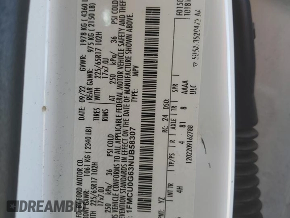 2022 Ford Escape SE z VIN 1FMCU0G63NUB58307, wystawiony jako Copart lot #56114725 z przebiegiem 57 717 mil mil oraz Nie do naprawy • Non repairable. Historia ofert i sprzedaży dostępna na DreamBid. Obrazek 13.