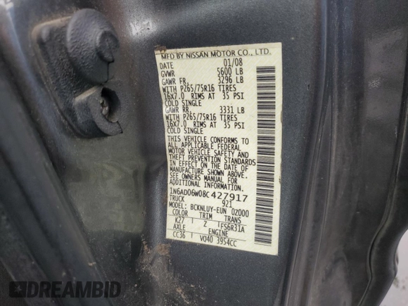 2008 Nissan Frontier SE with VIN 1N6AD06W08C427917, listed as a Copart auction lot 59894835 with 172,058 mi miles and Salvage title. Bid and sale history available at DreamBid. Image 12.