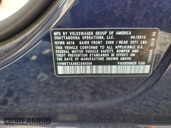2014 Volkswagen Passat SE with VIN 1VWBT7A36EC095006, listed as a Copart auction lot 63029305 with Not provided miles and Salvage title. Bid and sale history available at DreamBid. Image 12.