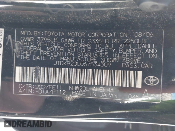 2006 Toyota Prius with VIN JTDKB20U067534309, listed as a IAAI auction lot 42062045 with 149,697 mi miles. Bid and sale history available at carsss.com. Image 9.