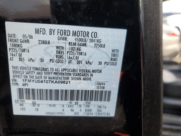 2007 Ford Escape Limited with VIN 1FMYU04107KA09821, listed as a Copart auction lot 87005094 with 151,897 mi miles and Salvage Title. Bid and sale history available at carsss.com. Image 13.