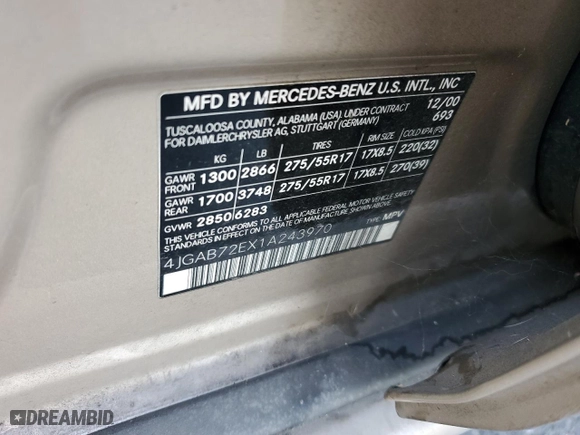 2001 Mercedes-Benz M-Class with VIN 4JGAB72EX1A243970, listed as a Copart auction lot 61308054 with 133,461 mi miles and Salvage Title. Bid and sale history available at carsss.com. Image 12.