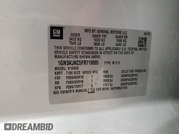 2015 Chevrolet Suburban LT with VIN 1GNSKJKC5FR719885, listed as a Copart auction lot 47192155 with 139,010 mi miles and Clean Title. Bid and sale history available at DreamBid. Image 14.