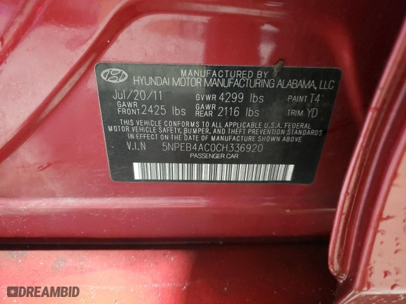 2012 Hyundai Sonata GLS PZEV with VIN 5NPEB4AC0CH336920, listed as a Copart auction lot 52848715 with 152,335 mi miles and Salvage Title. Bid and sale history available at carsss.com. Image 12.