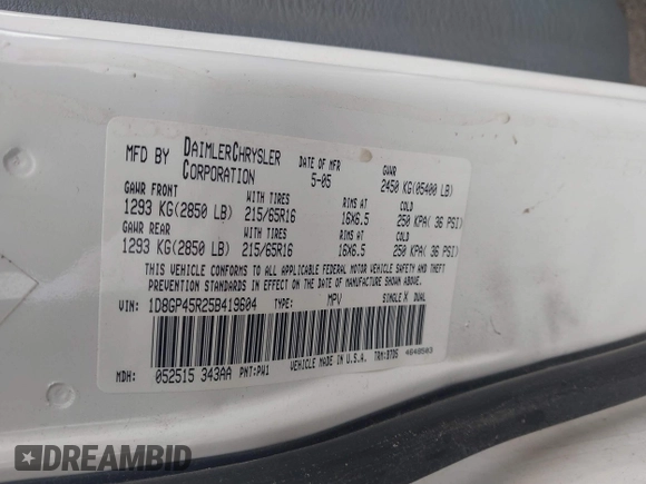 2005 Dodge Caravan SXT with VIN 1D8GP45R25B419604, listed as a IAAI auction lot 41788006 with 137,065 mi miles and . Bid and sale history available at DreamBid. Image 9.