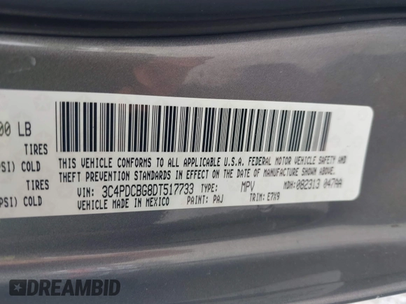 2013 Dodge Journey SXT with VIN 3C4PDCBG8DT517733, listed as a IAAI auction lot 42737063 with 67,363 mi miles and . Bid and sale history available at DreamBid. Image 9.