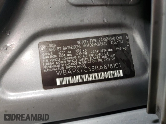 2011 BMW 3 Series 328i xDrive with VIN WBAPK7C53BA818101, listed as a Copart auction lot 45490965 with 134,292 mi miles and Salvage title. Bid and sale history available at DreamBid. Image 12.