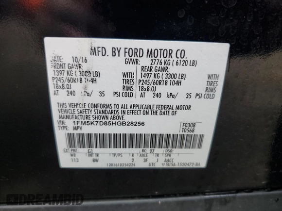 2017 Ford Explorer XLT with VIN 1FM5K7D85HGB28256, listed as a Copart auction lot 61349915 with 87,560 mi miles and Salvage title. Bid and sale history available at DreamBid. Image 13.