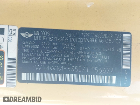 2007 MINI Hardtop with VIN WMWMF33557TT56622, listed as a IAAI auction lot 42227758 with 145,258 mi miles and . Bid and sale history available at DreamBid. Image 9.