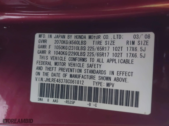 2008 Honda CR-V LX with VIN JHLRE48378C061812, listed as a IAAI auction lot 41267848 with 211,164 mi miles. Bid and sale history available at carsss.com. Image 9.