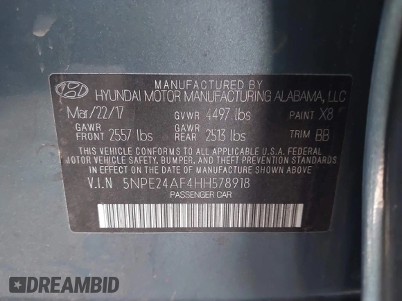 2017 Hyundai Sonata 2.4L with VIN 5NPE24AF4HH578918, listed as a IAAI auction lot 41157248 with 168,690 mi miles and . Bid and sale history available at carsss.com. Image 9.