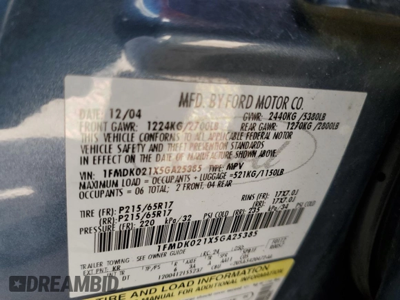 2005 Ford Freestyle SEL z VIN 1FMDK021X5GA25385, wystawiony jako Copart lot #72239954 z przebiegiem 161 219 mil mil oraz Szkoda całkowita • Salvage title. Historia ofert i sprzedaży dostępna na DreamBid. Obrazek 13.