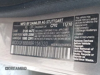 2011 Mercedes-Benz C 300 Sport with VIN WDDGF8BB8BR156320, listed as a IAAI auction lot 42620949 with Not provided miles and . Bid and sale history available at DreamBid. Image 9.