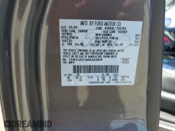 2006 Ford Escape XLT with VIN 1FMYU03166KA03859, listed as a Copart auction lot 58864195 with 151,998 mi miles and Clean title. Bid and sale history available at DreamBid. Image 13.
