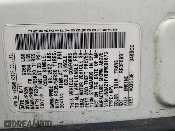 2011 Nissan Murano z VIN JN8AZ1FY8BW001673, wystawiony jako Copart lot #46757285 z przebiegiem 86 668 mil mil oraz Czysty tytuł • Clean title. Historia ofert i sprzedaży dostępna na DreamBid. Obrazek 13.