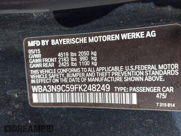 2015 BMW 4 Series 428i xDrive with VIN WBA3N9C59FK248249, listed as a IAAI auction lot 42140141 with 106,916 mi miles and . Bid and sale history available at DreamBid. Image 9.