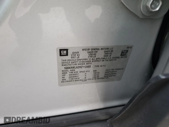 2017 GMC Acadia SLE with VIN 1GKKNKLA2HZ112465, listed as a Copart auction lot 86151634 with 147,100 mi miles and Salvage Title. Bid and sale history available at DreamBid. Image 14.