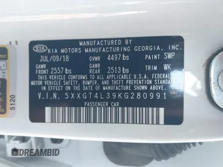 2019 Kia Optima LX with VIN 5XXGT4L39KG280991, listed as a IAAI auction lot 41639322 with 107,039 mi miles. Bid and sale history available at carsss.com. Image 9.
