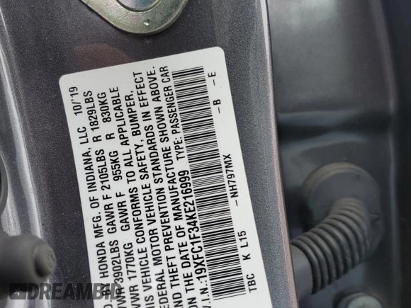 2019 Honda Civic EX z VIN 19XFC1F34KE216999, wystawiony jako Copart lot #51427335 z przebiegiem 9 502 mil mil oraz Szkoda całkowita • Salvage title. Historia ofert i sprzedaży dostępna na DreamBid. Obrazek 12.