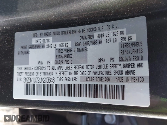 2018 Mazda 3 Sport with VIN 3MZBN1U72JM203846, listed as a IAAI auction lot 41246046 with Not Provided miles and . Bid and sale history available at DreamBid. Image 9.
