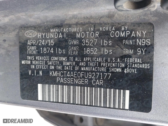 2015 Hyundai Accent GLS with VIN KMHCT4AE0FU927177, listed as a IAAI auction lot 41559026 with 181,703 mi miles. Bid and sale history available at carsss.com. Image 9.