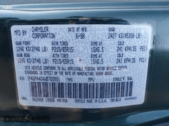 1998 Plymouth Voyager SE z VIN 1P4GP44G4WB769991, wystawiony jako IAAI lot #41508324 z przebiegiem 129 915 mil mil oraz . Historia ofert i sprzedaży dostępna na DreamBid. Obrazek 9.