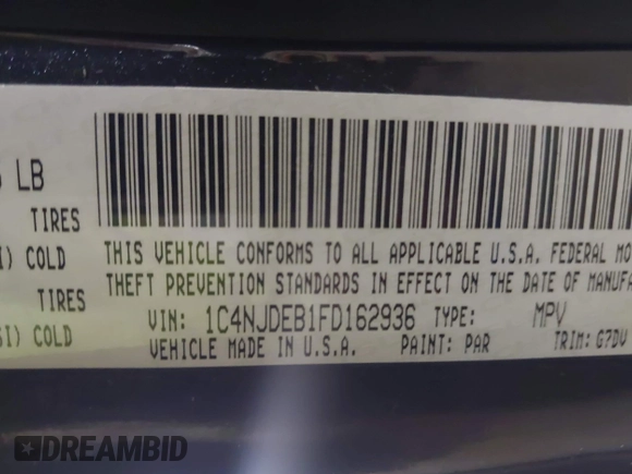 2015 Jeep Compass High Altitude Edition with VIN 1C4NJDEB1FD162936, listed as a IAAI auction lot 41954969 with 93,940 mi miles. Bid and sale history available at carsss.com. Image 9.
