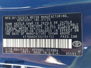 2025 Toyota Camry LE with VIN 4T1DAACK3SU104152, listed as a IAAI auction lot 42039337 with 1,423 mi miles and . Bid and sale history available at DreamBid. Image 9.