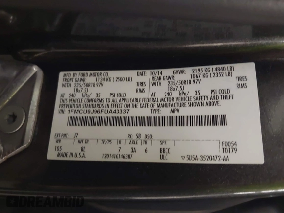 2015 Ford Escape Titanium with VIN 1FMCU9J96FUA43337, listed as a IAAI auction lot 41825328 with 149,639 mi miles and . Bid and sale history available at DreamBid. Image 9.