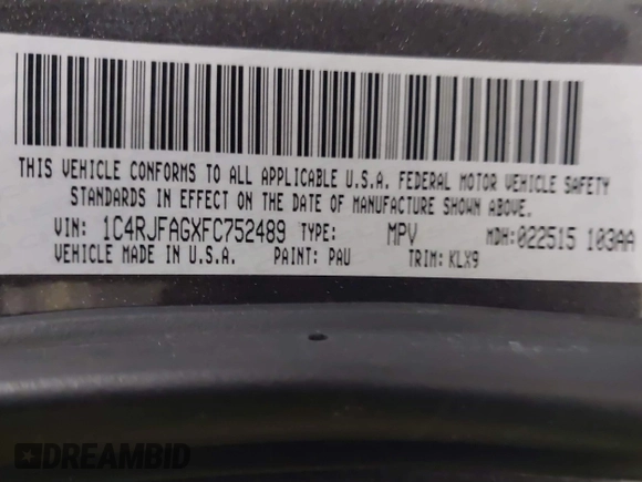2015 Jeep Grand Cherokee Laredo with VIN 1C4RJFAGXFC752489, listed as a IAAI auction lot 41382389 with 147,892 mi miles. Bid and sale history available at carsss.com. Image 9.