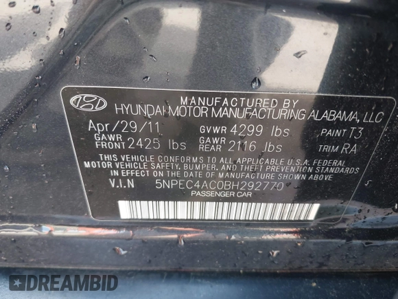2011 Hyundai Sonata Limited with VIN 5NPEC4AC0BH292770, listed as a IAAI auction lot 42061445 with 122,977 mi miles and . Bid and sale history available at DreamBid. Image 9.