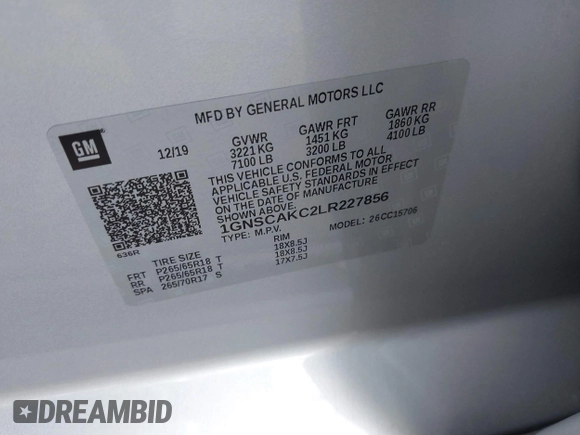 2020 Chevrolet Tahoe LS with VIN 1GNSCAKC2LR227856, listed as a IAAI auction lot 42246510 with 55,132 mi miles and . Bid and sale history available at DreamBid. Image 9.