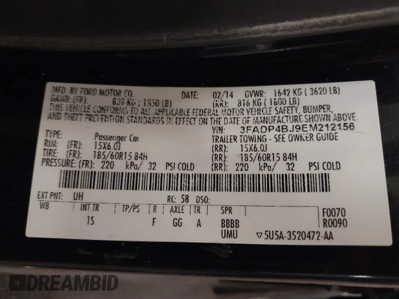 2014 Ford Fiesta SE with VIN 3FADP4BJ9EM212156, listed as a IAAI auction lot 41791690 with 92,760 mi miles and . Bid and sale history available at DreamBid. Image 9.