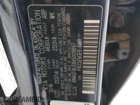 2017 Kia Optima with VIN KNAGT4LE6H5009897, listed as a Copart auction lot 56358825 with 115,324 mi miles and Salvage title. Bid and sale history available at DreamBid. Image 12.