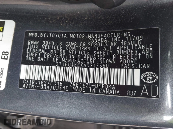 2010 Toyota Corolla with VIN 2T1BU4EEXAC317560, listed as a IAAI auction lot 42310585 with 150,589 mi miles and . Bid and sale history available at DreamBid. Image 9.
