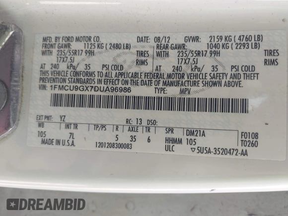 2013 Ford Escape SE with VIN 1FMCU9GX7DUA96986, listed as a IAAI auction lot 42160197 with 193,189 mi miles and . Bid and sale history available at DreamBid. Image 9.
