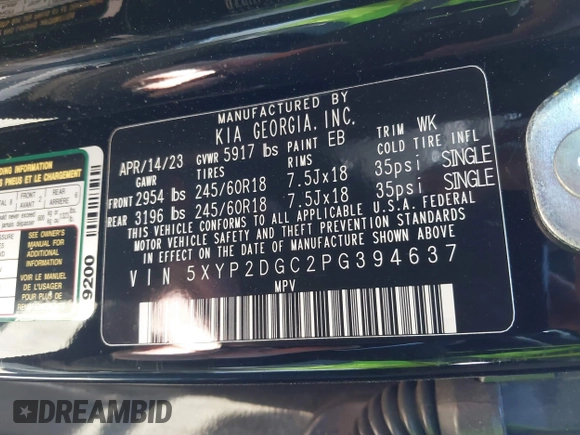 2023 Kia Telluride LX z VIN 5XYP2DGC2PG394637, wystawiony jako IAAI lot #41697582 z przebiegiem 19 836 mil mil oraz . Historia ofert i sprzedaży dostępna na DreamBid. Obrazek 9.