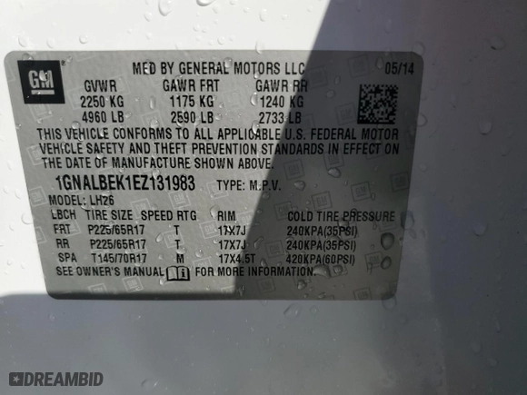 2014 Chevrolet Equinox LT with VIN 1GNALBEK1EZ131983, listed as a Copart auction lot 88342485 with 127,030 mi miles and Salvage Title. Bid and sale history available at carsss.com. Image 13.