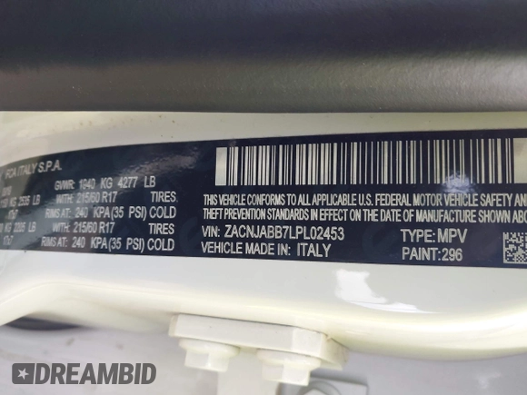 2020 Jeep Renegade Latitude with VIN ZACNJABB7LPL02453, listed as a IAAI auction lot 42276414 with 52,733 mi miles and . Bid and sale history available at DreamBid. Image 9.
