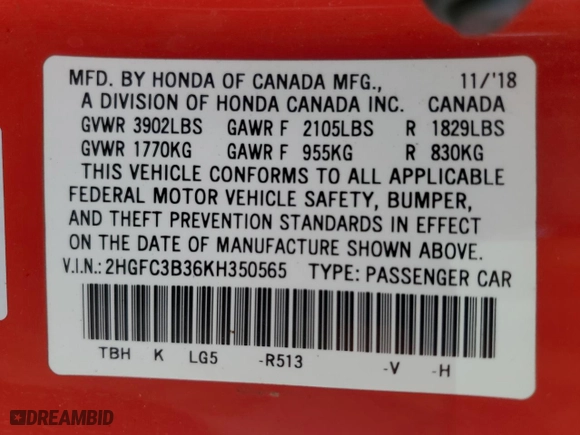 2019 Honda Civic Coupe EX with VIN 2HGFC3B36KH350565, listed as a Copart auction lot 52951425 with 44,358 mi miles and Salvage Title. Bid and sale history available at carsss.com. Image 12.