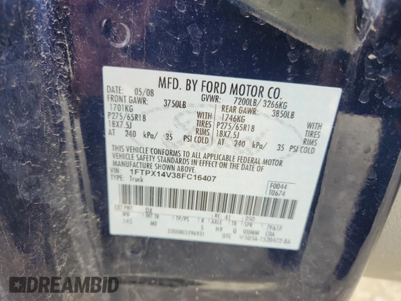 2008 Ford F-150 XLT z VIN 1FTPX14V38FC16407, wystawiony jako Copart lot #58005985 z przebiegiem 255 560 mil mil oraz Nie do naprawy • Non repairable. Historia ofert i sprzedaży dostępna na DreamBid. Obrazek 12.