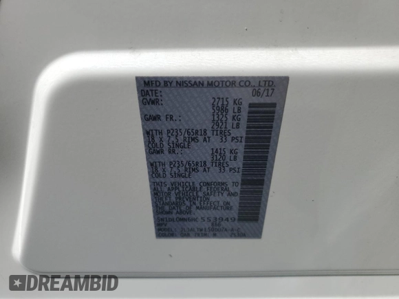 2017 Infiniti QX60 with VIN 5N1DL0MN6HC553949, listed as a Copart auction lot 52230465 with 107,277 mi miles and Salvage Title. Bid and sale history available at carsss.com. Image 13.