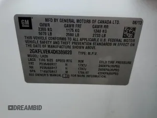2013 GMC Terrain SLT with VIN 2GKFLVEK4D6389820, listed as a Copart auction lot 52889215 with 136,198 mi miles and Salvage title. Bid and sale history available at DreamBid. Image 13.